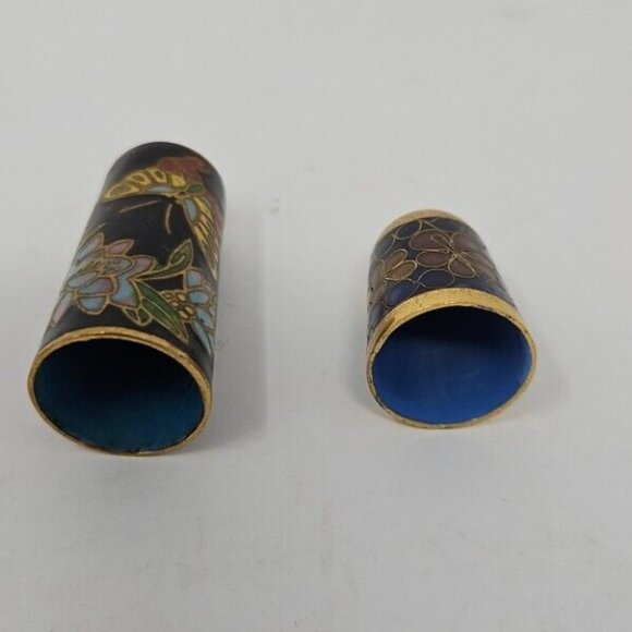 2 Antique Chinese Cloisonne Enamel Sewing Thimbles Brass Flowers Butterfly - Picture 4 of 4
